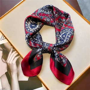 Vintage paisley print silk scarf with navy blue and brick red pattern for women