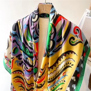 Detailed macro view of retro bohemian patterns on a colorful faux silk square scarf