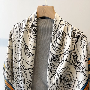Detail of 110cm vintage silk scarf with black rose print and tricolor striped border
