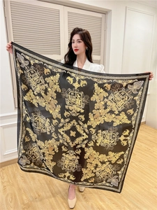 Detail of 110cm large square scarf with golden baroque patterns and crown motifs