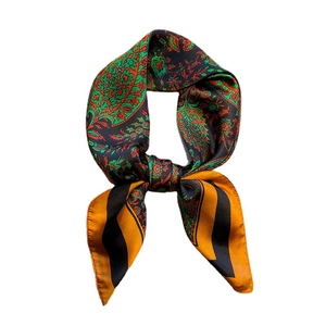 Vintage paisley floral scarf with emerald patterns and yellow diagonal stripes decoration
