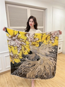 Detail of 110cm silk scarf featuring artistic yellow goldfish and floral print