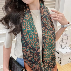 Macro shot of paisley and floral patterns on vintage silk-feel scarf with smooth texture