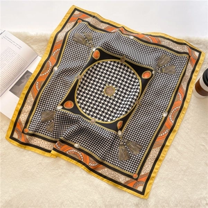 Classic houndstooth silk square scarf with vintage orange and gold geometric borders