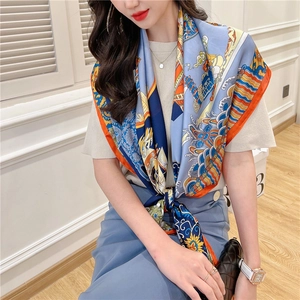 Detailed view of large silk-like square scarf with traditional oriental wave patterns