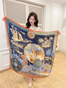 Detailed pattern of large square silk shawl with vintage exotic camel and ship prints