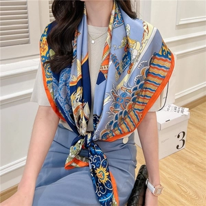 Detail of silk-like 110cm square scarf with traditional Chinese scenery pattern