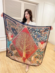 Detailed pattern of a 110cm vintage floral silk scarf with tree of life print and birds