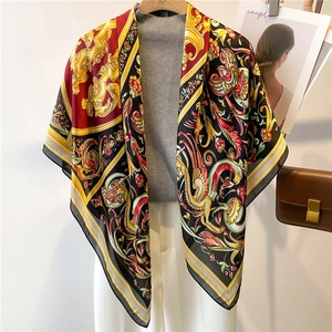 Baroque print 110cm silk square scarf styled elegantly on a mannequin for women