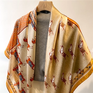 Elegant 110cm square silk scarf with vintage horse print and gold borders in a soft drape