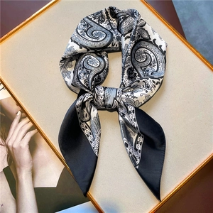 70cm vintage paisley print faux silk square scarf in classic black white and grey patterns