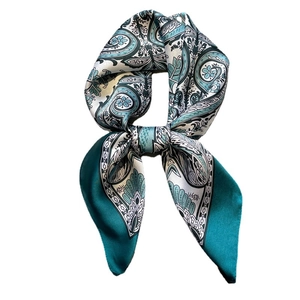 Deep lake blue silk satin square scarf with paisley floral pattern on white background