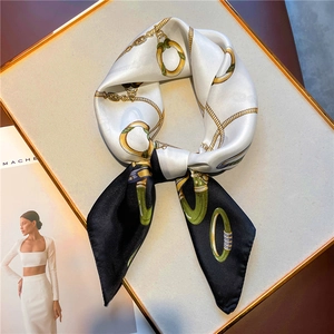 French retro 70cm silk square scarf with gold chain and belt buckle print in black white green