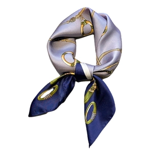 Elegant square silk scarf with gold chain print and navy blue color block design