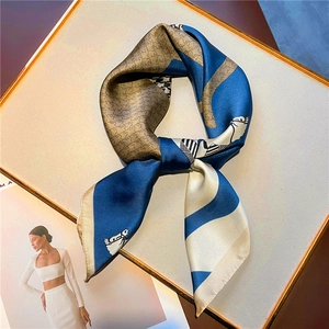 70cm silk-like horse pattern square scarf with houndstooth and navy blue accents