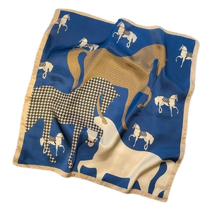 Navy blue square scarf with golden edges featuring horse and houndstooth patterns