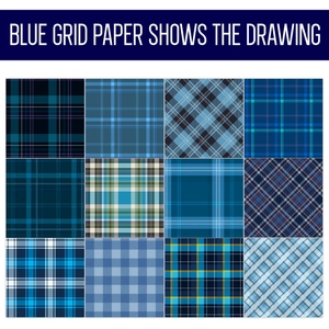 Collection of 12 patterns of 6 inch blue grid scrapbook paper with minimalist plaid designs