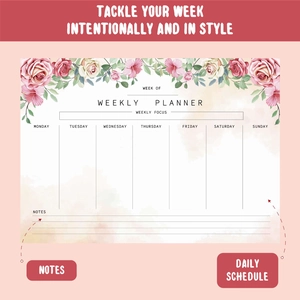Wochenplaner-Notizblock mit Blumenmuster, rosa Rosen und täglichen Zeitplan-Bereichen