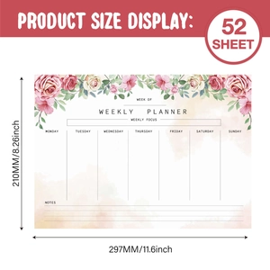 Blumiger Wochenplaner-Notizblock mit 52 Abreißblättern, Größe 297mm x 210mm