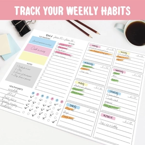 Weekly habit tracker notepad with colorful sections and 52 tear-off planning sheets