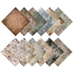 12 sheets of vintage grunge scrapbook paper with industrial textures for DIY journals