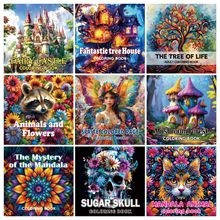 Vista detallada de nueve libros de colorear con diseños de fantasía y temas florales
