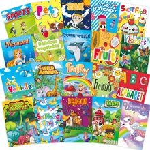 Detail of 20 themed coloring cards including animals, space, and alphabets for kids