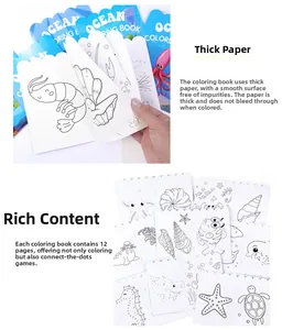 Detail of 12-page marine animal coloring book showing thick paper and diverse sea life drawings