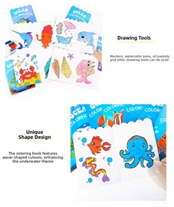 Detail of ocean coloring book showing wave-shaped die-cut edges and marine animal illustrations
