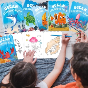 Kids ocean theme coloring book set featuring cartoon sea creatures and colored pencils