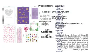Detailed flat lay of 17-piece DIY stationery set with notebook, stickers, and color pens