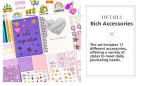 Detailed view of a 17-piece purple themed DIY journaling and scrapbook kit with stickers