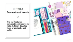 Detail view of diary gift set with pens, notebook, and clips in organized tray