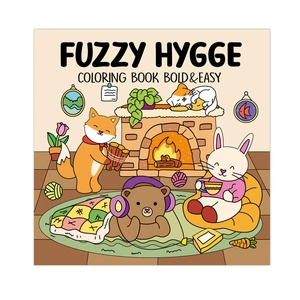 Fuzzy Hygge bold and easy coloring book featuring cute animals by a cozy fireplace