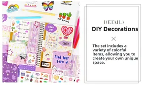 Detailed view of DIY scrapbooking set featuring spiral journal, stickers, and pens
