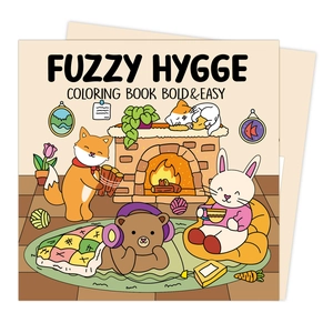 Fuzzy Hygge Bold & Easy coloring book featuring cute animals by a cozy fireplace scene