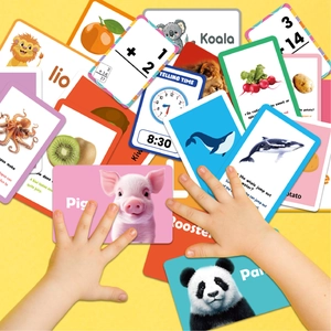 Educational flashcard set for kids learning animals math and time with colorful designs