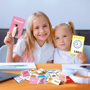 Educational flashcards set for kids featuring animals, food, and math learning tools