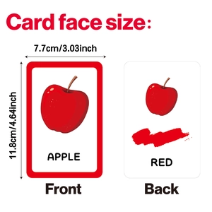 Double-sided educational flashcards showing Apple and Red with product dimensions