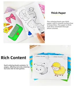 Detail of coloring books showing thick anti-leak paper and educational connect-the-dots games