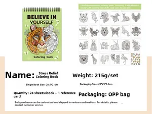 Detail view of 24 animal coloring pages for adults with sticker and tiger cover design