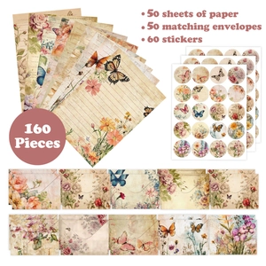 160-teiliges Vintage-Briefpapier-Set mit Blumenumschlägen und Schmetterlingsaufklebern