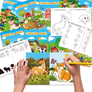 Set of 6 farm animal coloring books with interactive drawing and matching game activities