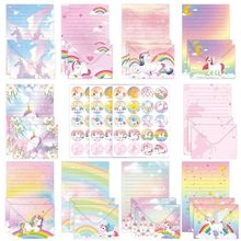 Detailed macro view of unicorn stationery set with colorful envelopes and rainbow stickers