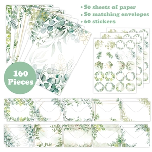 160-tlg. Briefpapier-Set mit Eukalyptus-Motiv 50 Briefbögen 50 Umschläge 60 Sticker
