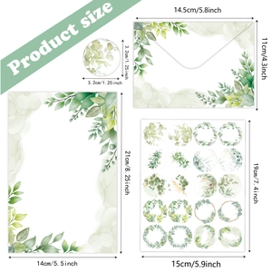 Eukalyptus-Briefpapier-Set mit Umschlägen und Aufklebern mit Größenangaben