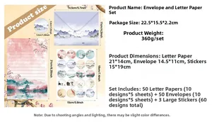 Detailed size specifications for vintage ink landscape stationery and envelope set