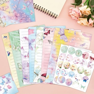 Watercolor floral and butterfly stationery set with envelopes and stickers in soft colors