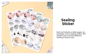 Detailed view of self-adhesive round stickers with Chinese ink wash landscape and cat designs
