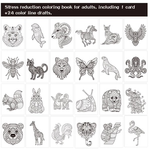 Adult coloring book set with 24 individual animal mandala line art therapy pages